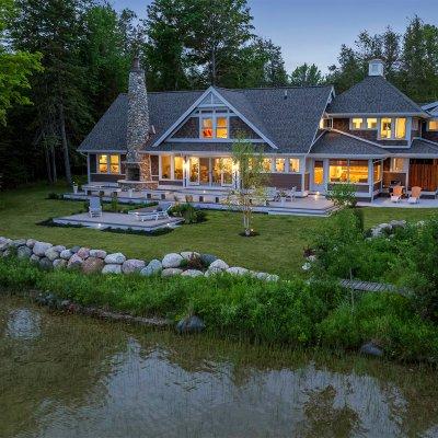 Michigan lake house Rear exterior evening